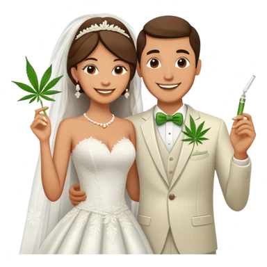 Newlywed couple, bride and groom, full body, sharing a cannabis joint at wedding sticker