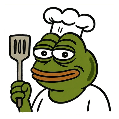 Pepe the Frog wearing a chef hat and holding a spatula, meme style sticker