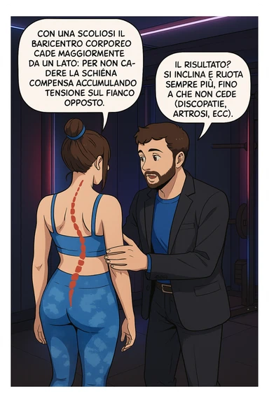 fai questa immagine in versione manga/webtoon a colori, il manga mostra la donna di spalle, mentre l'uomo le tocca la spina dorsale per spiegarle come funziona la scoliosi:
Con una scoliosi il baricentro corporeo cade maggiormente da un lato; per non cadere la schiena compensa accumulando tensione sul fianco opposto.
Il risultato? Si inclina e ruota sempre più, fino a che non cede (discopatie, artrosi, ecc) sticker