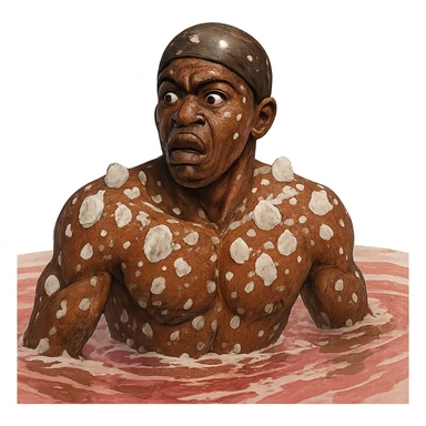 Африканский пловец в чуть рисованном объемном стиле, его тело в кристаллах и разводах соли, лицо недовольно удивленное, прозрачный фон, вода чуть розового цвета sticker