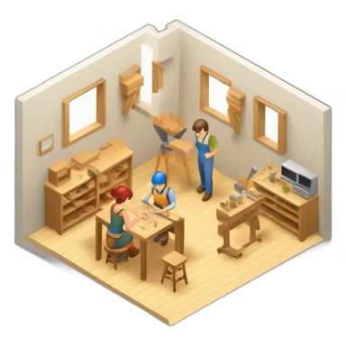 isometric square transparent solid outline containing indoor woodshop people actively working sticker