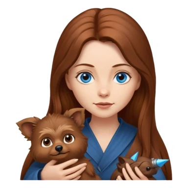 long hair chestnut color blue eyes woman holding small pointy ear ewok dog sticker