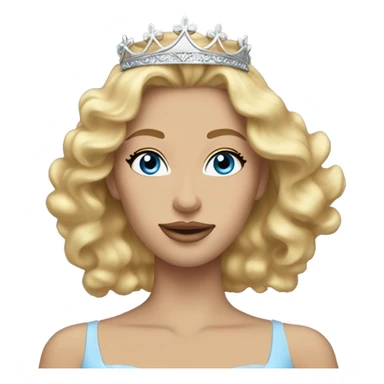 a woman with blonde wavy hair and silver crown on her head, blue eyes, wearing a long light blue ballgown sticker