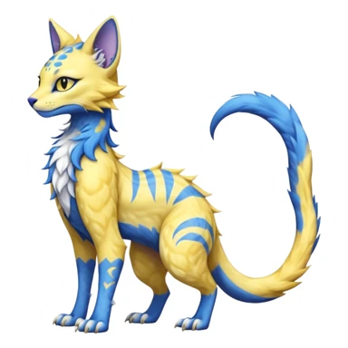 Kawaii yellow and blue beautiful pretty elegant divine edgy fantasy feline-vernid-sergal-fursona animal creature with a tufted tail full body with intricate markings  sticker