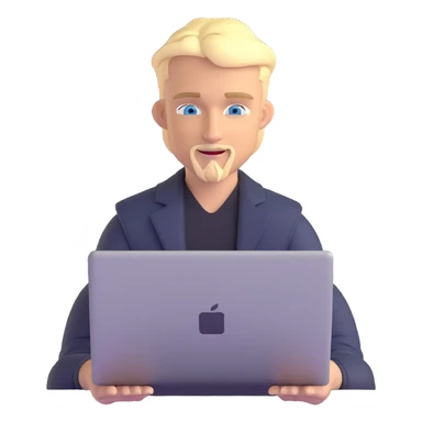 young blond male with blue eyes, modern forward-styled hair and fringe, sly proud smile, thin blonde mustache and sharp goatee, working on MacBook, clean and stylish, tech website vibe sticker