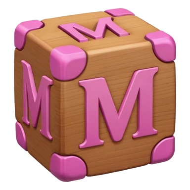 A rounded toy block with the pink letter "M" on it sticker