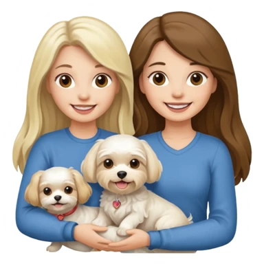 two women holding one Maltese dog one is brunette the other is blonde long haired  sticker