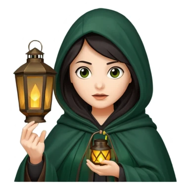 traitor tv show, dark haired woman wearing dark green cloak with hood up who looks very evil and is holding up a lantern sticker