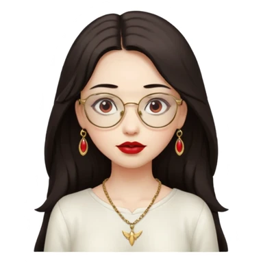 Angel girl with eyeglasses and long dark hair with red lipstick  and push gold necklaces and dark eyes sticker