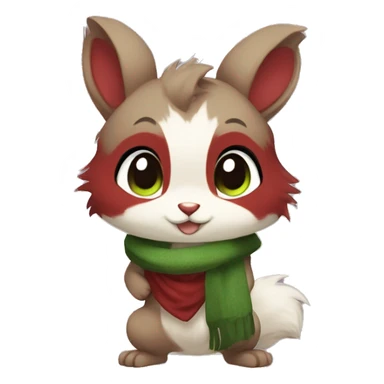 Cute, Chibi, chubby, fluffy, Kemono-style, Anthro, Fur-Sona, Dark-Red, Squirrel-Rabbit-hybrid-Fakémon, with a green scarf, full body sticker