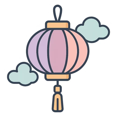 Chinese lantern with tassel and clouds, thin clean outlines, soft rounded shapes, pastel palette #98B5BC, #B5B3C1, #C9A3C9, #E4C0CA, #F7DCD1, #F7C0AA, modern Japanese pop art and sticker aesthetic, detailed shadows and highlights, soft lighting, transparent background sticker