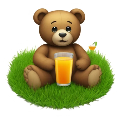 A Teddy bear holding a glass of juice sitting on a patch of grass sticker