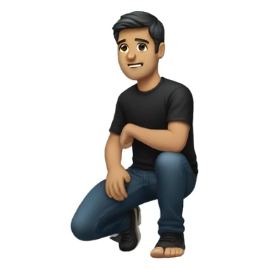 White male kneeling, dark hair black shirt sticker
