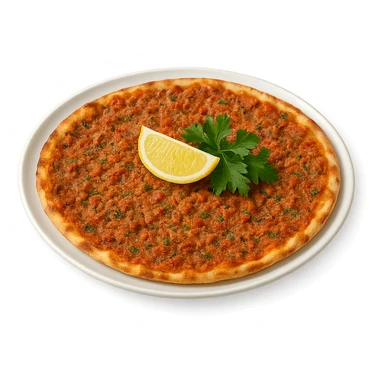 Turkish lahmacun with minced meat and herbs on a plate, clean background sticker