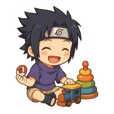 Kid Sasuke, playing with toys with a bright smile, adorable chibi sticker, innocent version of Sasuke sticker
