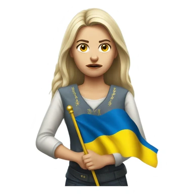 super-realistic angry female Ukrainian holds the ukranian flag sticker
