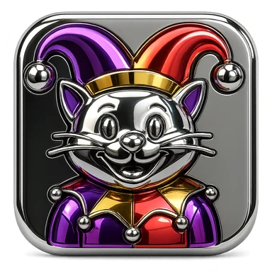 crazy colorful cute little cat jolly joker from poker, medieval, vintage, court jester, mac os icon, purple, gold and red color, half body. Squared shape as 3D mac os icon, symmetrical sticker