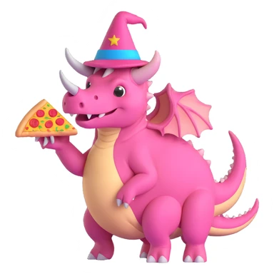 pink triceratops with a wizard hat holding a pepperoni sausage pizza slice sticker