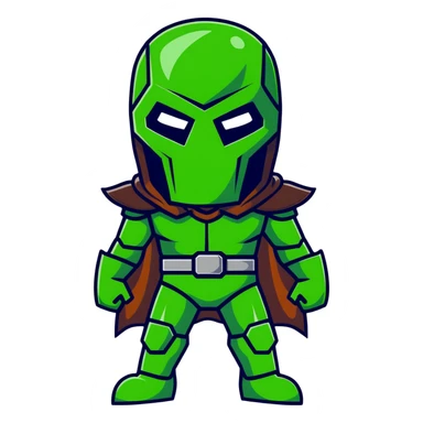 Doctor Doom standing tall with bright green eyes behind metal mask sticker