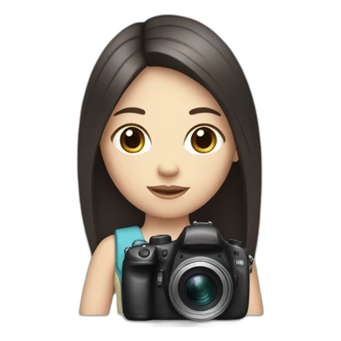 A white girl with straight dark hair, holding a camera sticker