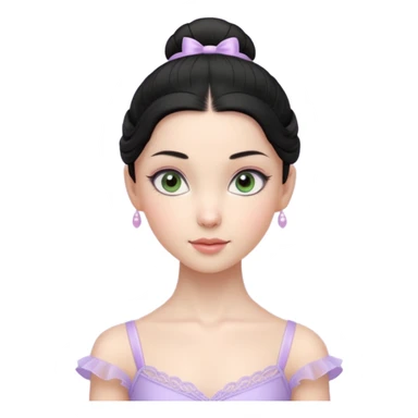 Cinematic Realistic ballerina Light Purple Portrait, depicted with lifelike skin texture, subtle rosy undertones, and soft natural lighting that enhances the gentle contours of her face. Her intricately detailed sweet black hair is elegantly styled, green eyes sticker