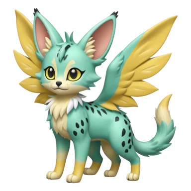 Epic complex detailed pastel minty green, pastel beige yellow pastel realistic aesthetic-scenic-Fakémon-Zorua-Litten-Trico-Sergal-Serval-Vernid-creature (full body) with far wings, shiny sparkly fairycore theme  sticker
