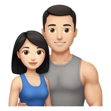 white dad with short buzzed fade brunette, 35 years old and muscular. standing net to asian whife with long black hair and big brown eyes.   sticker