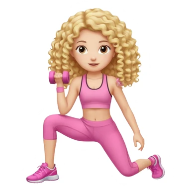 long hair curly blond haired girl DOING EXERCISE in a cute pink set sticker