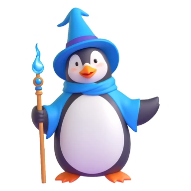 ios 3D style emoji of a penguin wizard with a blue hat and wand, casting a spell sticker