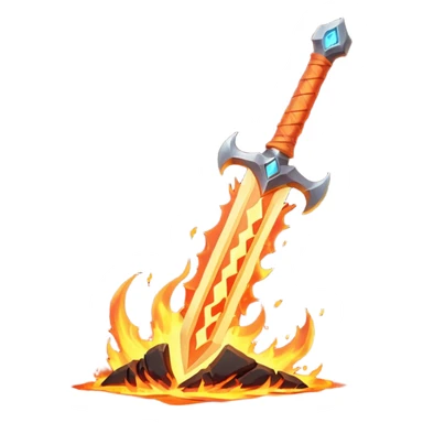 fire guardian sword object icon, flaming blade, glowing lava runes, ember sparks, fantasy weapon, 3D cartoon, mobile game icon style, centered, clean background, no text, no watermark
 sticker