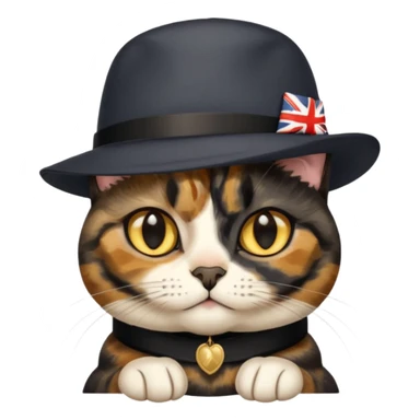 mostly black tortie cat, gold eyes, british hat sticker