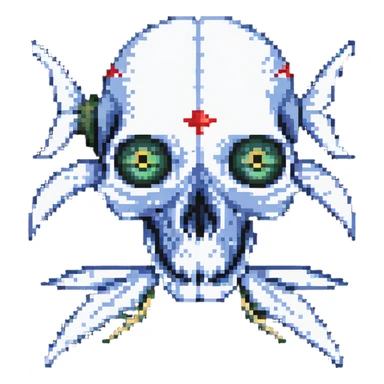 pixel art fish skull logo with X eyes and bone elements sticker