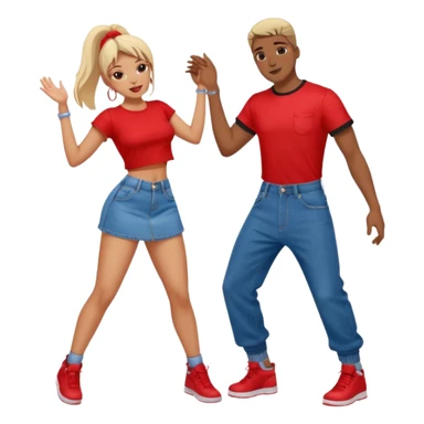 Couple dancing with girl in front twerking girl wearing denim mini skirt with a red crop top guy wearing black jersey with denim baggy pant sticker