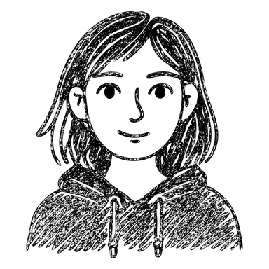 designer girl with blue eyes, shoulder-length brown hair with blonde streaks, black hoodie sticker