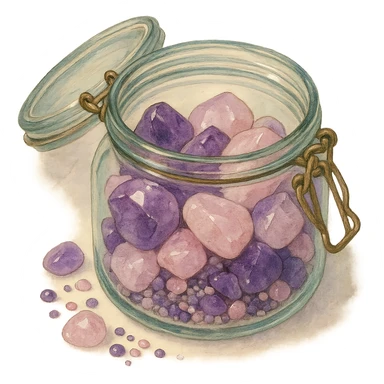 realistic amethyst and rose quartz crystal pieces in an open glass jar, different shapes and sizes, pretty small pebbles, mixed together, natural colors, soft, fairy-like atmosphere, no background, square size sticker