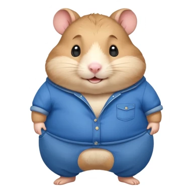 Cute chubby cartoon-style hamster wearing XXL pants that are WAY too big, proud and smiling expression. Painterly shading, white background, sticker-style illustration sticker
