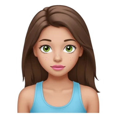 Create a teen girl wearing a light blue tank top. She will have long brunette hair, tan skin, pink lips, and grey-green eyes. She has long eyelashes. She also has light freckles  sticker