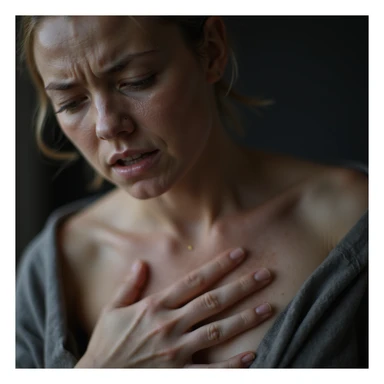 close-up hyperrealistic woman with intestinal disorders, tense and suffering face, hand pressing on abdomen, realistic details, 4K quality, neutral background sticker