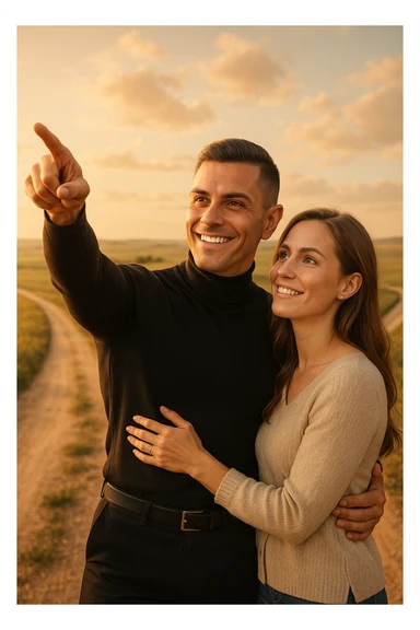 a couple stands at a crossroads, the man pointing confidently toward a direction while the woman looks at him with trust and optimism. Both are illuminated by soft, uplifting light, representing faith in each other’s strengths and the positive outcomes of working together. sticker
