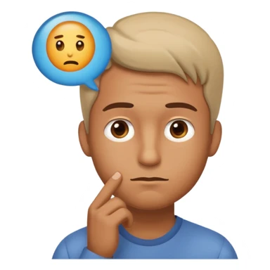 Realistic emoji-style man in simple everyday clothes, looking thoughtful and analytical. A thought bubble above his head shows a critical-thinking icon (question mark + magnifying glass). Soft lighting, expressive critical facial expression. sticker