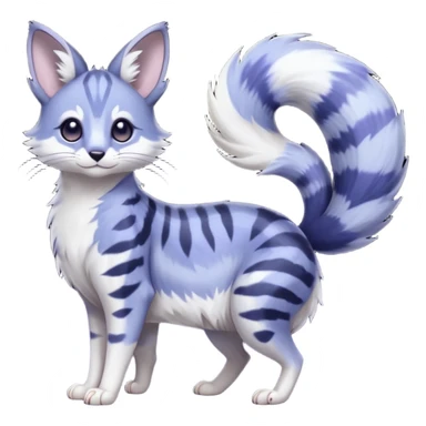  dull-colored gloomy-dark-deep-grayish-indigo-violet-gradients ghostly spectral spooky fur with random dark markings beautiful elegant pretty precious cute  Fakémon-Pokémon-opossum-feline-serval-caracal-chinchilla-Minccino-hybrid-creature with a big fluffy bushy striped tail (full body) sticker