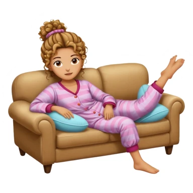 Tan curly messy bun lying on couch in pjs and slippers sticker