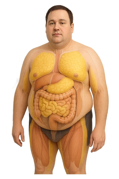 an adult man with a visibly overweight physique stands in a clinical setting. Semi-transparent overlays highlight areas of fat accumulation, especially around the abdomen, chest, and thighs. The fat tissue is shown in yellow, contrasting with underlying muscles and organs. The background is clean and modern, emphasizing the educational aspect. senza scritte sticker