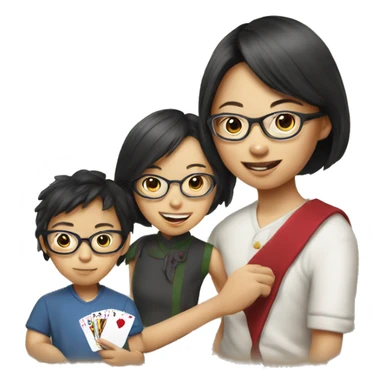 asian girls with glasses and boy playing card sticker