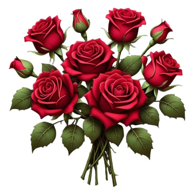 A surreal bouquet of Gothic roses, their petals drenched in crimson hues, from Venetian red to rustic tones, glowing against a dark, misty backdrop. The air is heavy with an eerie, romantic atmosphere, as if the flowers hold secrets of the past.
 sticker