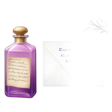 Aesthetic still life of soft violet mimosa flowers, a vintage-style pink perfume bottle, and a lavender love note delicately placed in an envelope.
 sticker