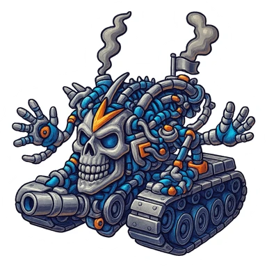 Edit the skull robot tank to have 4 distinct arms, all metal parts shiny silver with some non-metal elements featuring vibrant color accents. Maintain the retro stickers style with a clean outline and transparent background. sticker