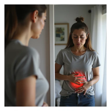 adult woman, photorealistic, intestinal discomfort, standing in front of mirror, hands on abdomen, worried look, natural light, bathroom background sticker
