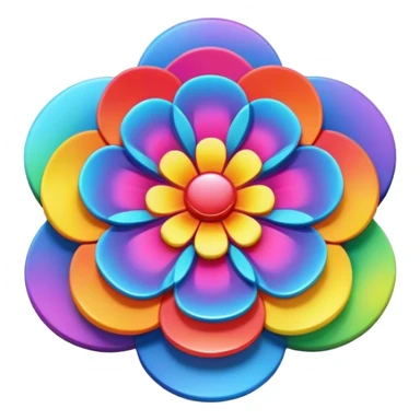 A round psychedelic colored button with bezeled edges and a rainbow colored 3D style flower in the center sticker
