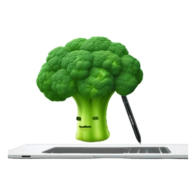 Generate a creative broccoli emoji sitting in front of a computer with a stylus, designing something on a screen. sticker